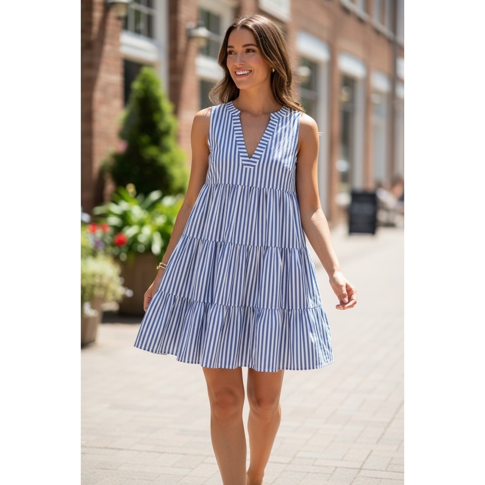 Pomander Place Blue White Striped Tiered Babydoll Dress XL V-Neck Cotton Y20971T